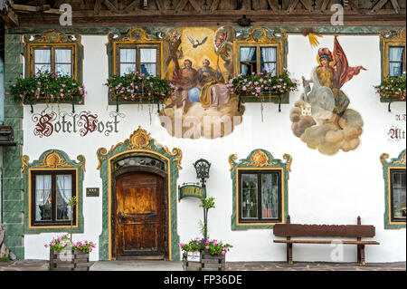 Lüftlmalerei mural of the Holy Trinity and St. Florian, Hotel and Gasthof Zur Alten Post, Wallgau, Werdenfels, Upper Bavaria Stock Photo