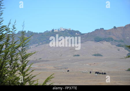 A distant view of Hearst Castle in San Simeon California, showing trees, zebras, and other animals in the foreground. Stock Photo