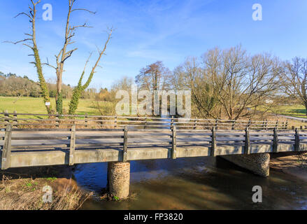 Tilford West Bridge, a scheduled monument medieval bridge over the River Wey, in the village of Tilford near Farnham, Surrey, UK Stock Photo