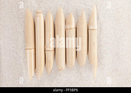 Background made of bamboo in sand, nature and harmony concept. Stock Photo