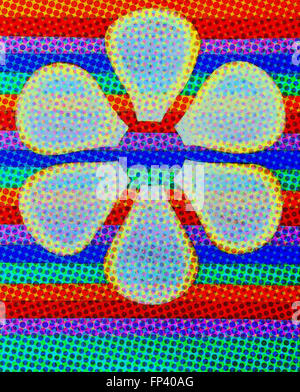 Abstract colorful design of white flower on striped background in simple forms and in texture of dots. Stock Photo