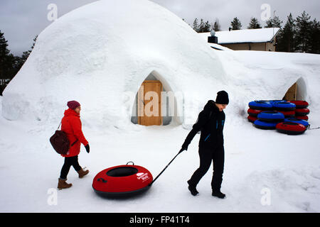 Snow activities at Igloo Hotel. Lapland, Finland. Snowman World Igloo Hotel in Rovaniemi in Lapland Finland. The merriest place Stock Photo