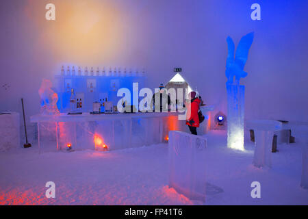 Ice Bar at Snowman World Igloo Hotel in Rovaniemi in Lapland Finland. The merriest place on the Arctic Circle. A spectacular sno Stock Photo