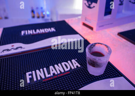 Frosted glass in the Ice Bar at Snowman World Igloo Hotel in Rovaniemi in Lapland Finland. The merriest place on the Arctic Circ Stock Photo