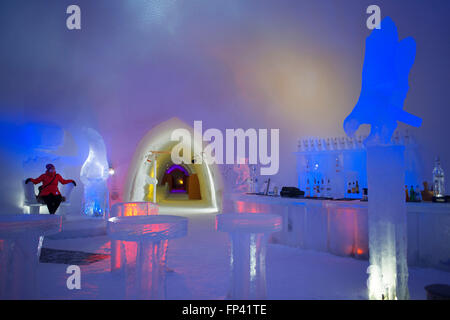 Ice Bar at Snowman World Igloo Hotel in Rovaniemi in Lapland Finland. The merriest place on the Arctic Circle. A spectacular sno Stock Photo