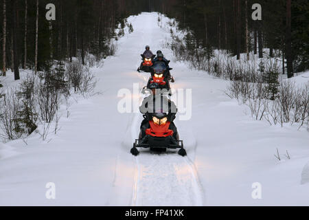 Snowmobiles safaris at Salla, Lapland, Finland. Guided snowmobile safaris are a safe way to explore the wilderness near and far. Stock Photo