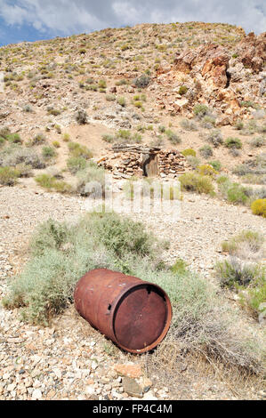 Old rusted Barrel at Eureka Mine in Death Valley National Park, USA Stock Photo