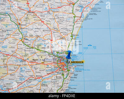 Road map of the east coast of Scotland, showing Aberdeen and the surrounding roads and with a map pin in the town of Aberdeen. Stock Photo