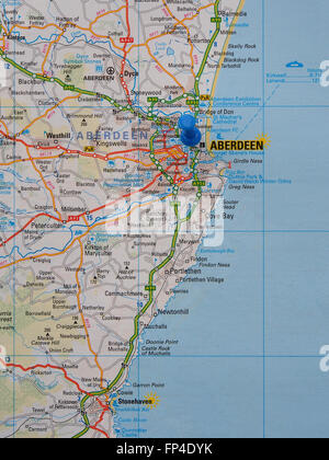 Road map of the east coast of Scotland, showing Aberdeen and the surrounding roads and with a map pin in the town of Aberdeen. Stock Photo