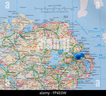 Road map of Northern Ireland, with a map pin indicating Belfast, in ...