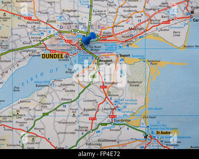 Road map of Scotland, showing the Dundee area and with a map pin in the town of Dundee itself. Stock Photo