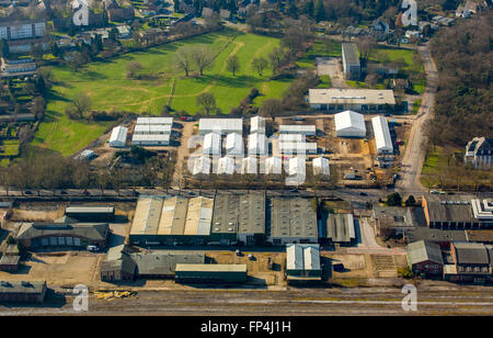 Aerial view, refugee shelters, asylum, refugee tents in the parking lot Friedrich-Heinrich-Allee, Stock Photo