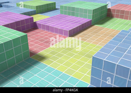 3d rendering of a close-up of tiled glazed floor made of volume cubes of different colors. From above Stock Photo