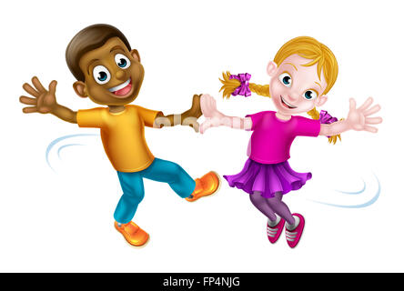 Two cartoon children, a black boy and a white girl, dancing Stock Photo