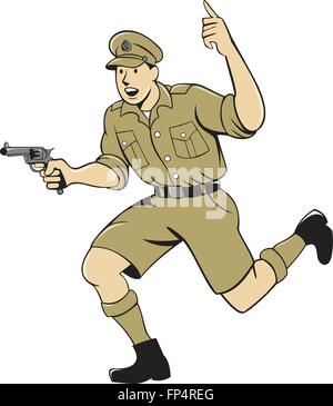 Illustration of a World War one British officer soldier serviceman with pistol running set on isolated white background done in Stock Vector
