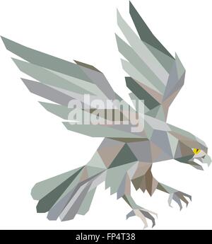 Low polygon style illustration in grey of a peregrine falcon hawk eagle bird swooping viewed from the side set on isolated white background done in retro style. Stock Vector