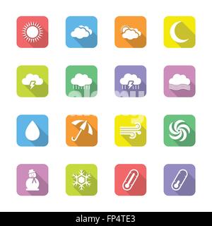 [JPEG] colorful flat weather icon set on rounded rectangle with shadow for web, UI, infographic and mobile apps Stock Vector