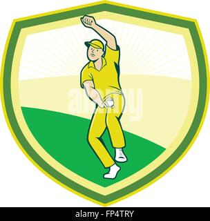 Illustration of a cricket player fast bowler bowling with cricket ball set inside shield crest viewed from front done in cartoon style. Stock Vector