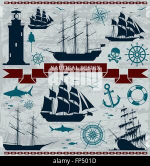 Set of sailing ships with nautical design elements Stock Vector