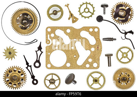 Spare parts for clock. Metal gears, cogwheels and other details Stock Photo