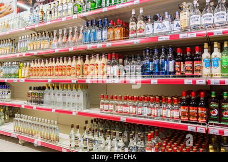 Showcase alcoholic beverages at the hypermarket Magnit. One of largest food retailer in Russia Stock Photo