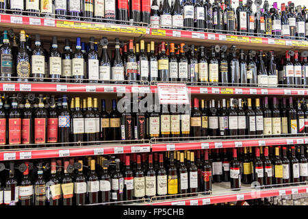 Showcase alcoholic beverages at the hypermarket Magnit. One of largest food retailer in Russia Stock Photo