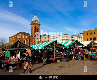 The outdoor street market and Market Hall in Chesterfield town centre north east Derbyshire England UK Stock Photo