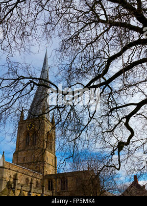The crooked spire on the Church of St Mary and All Saints in Chesterfield North East Derbyshire England UK with tree in front