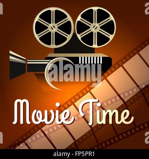 Cinema poster with Camera and film reel. retro illustration Stock Vector