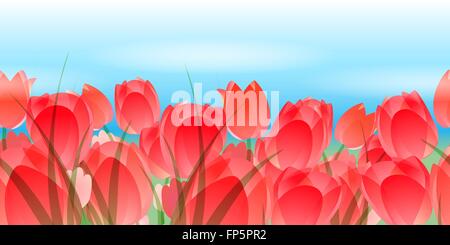 Flower horizontal seamless border. Red tulips against blue sky. Stock Vector