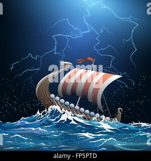 Drakkar or viking warship floating in the stormy sea by midnight. Stock Vector