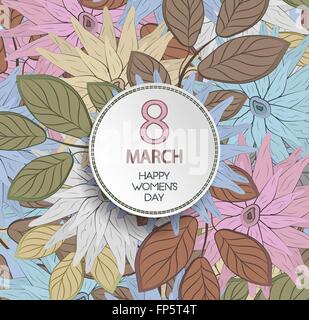 Happy Women's Day Background With Plate On A Floral Seamless Colored Pattern Ornament Stock Vector