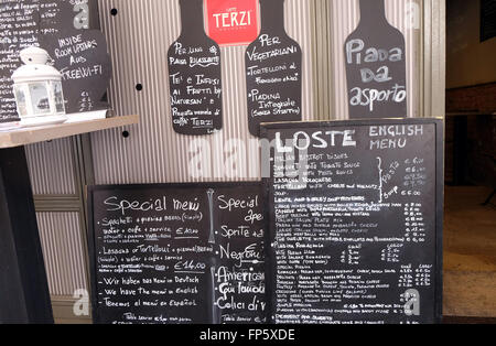Blackboard with offerings of a restaurant in Bologna, Italy, on June 04, 2015. Stock Photo