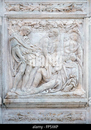 The Noah elation, relief on portal of Saint Petronius Basilica in Bologna, Italy Stock Photo