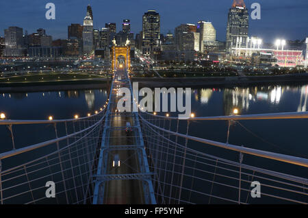 John A. Roebling Suspension Bridge over The Ohio River between Cincinnati, Ohio and Covington, Kentucky. Stock Photo