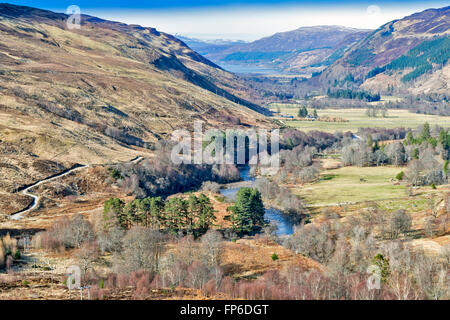 DUNDONNELL WEST COAST SCOTLAND LOOKING DOWN TOWARDS THE CORRIESHALLOCH GORGE AND DROMA RIVER WITH LITTLE LOCH BROOM BEYOND Stock Photo