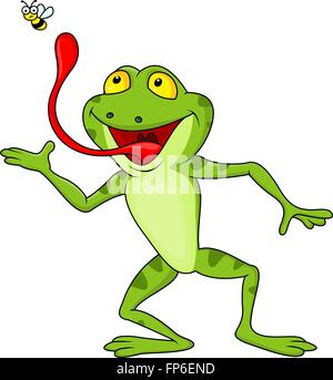 funny cartoon frog catching fly Stock Vector