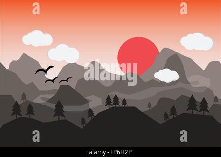 Flat landscape with mountains over the sun. Vector illustration. Stock Vector