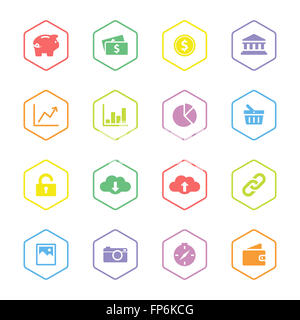 [JPEG] colorful flat finance and technology icon set with hexagon frame for web, UI, infographic and mobile apps Stock Photo