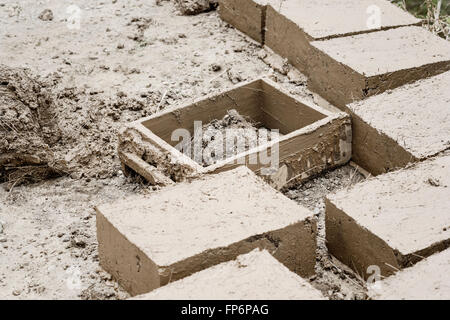 Traditional adobe mud bricks in Paru Paru Community Village, Pisaq district, Cusco region, Peru Stock Photo