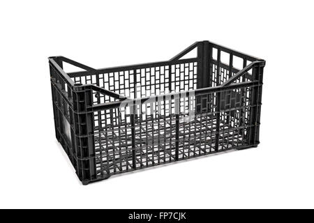 an empty black plastic crate on a white background Stock Photo