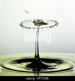 High speed flash liquid photograph. A water drop has collided with the first droplet as it rises. Third drop has also collided. Stock Photo