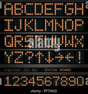 Image of a colorful, orange digital font on a dark background. Stock Vector