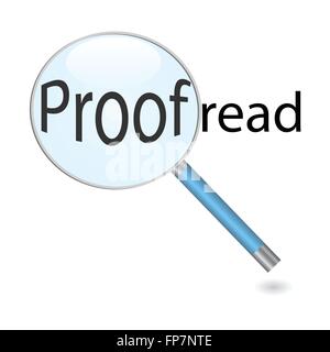 Image of a magnifying glass focusing on the word proofread isolated on a white background. Stock Vector