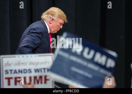 Billionaire and GOP presidential candidate Donald Trump walks off stage following a rally February 19, 2016 in Myrtle Beach, South Carolina. The Republican primary vote in South Carolina takes place on Saturday, February 20th. Stock Photo