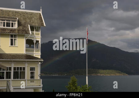 Rainbow at the Hotel Kvikne. Balestrand. Sognefjord. Norway Stock Photo