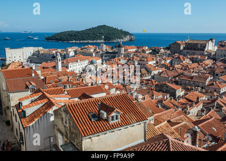 View from defensive Walls of Dubrovnik, Old Town of Dubrovnik city, Croatia, with Saint John Fortress on left and Lokrum Island Stock Photo