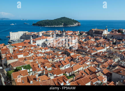 View from defensive Walls of Dubrovnik, Old Town of Dubrovnik city, Croatia, with Saint John Fortress on left and Lokrum Island Stock Photo