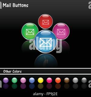 Image of various colorful mail buttons on a dark background. Stock Vector