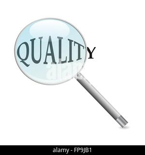 Image of a magnifying glass focusing on the word 'Quality' isolated on a white background. Stock Vector